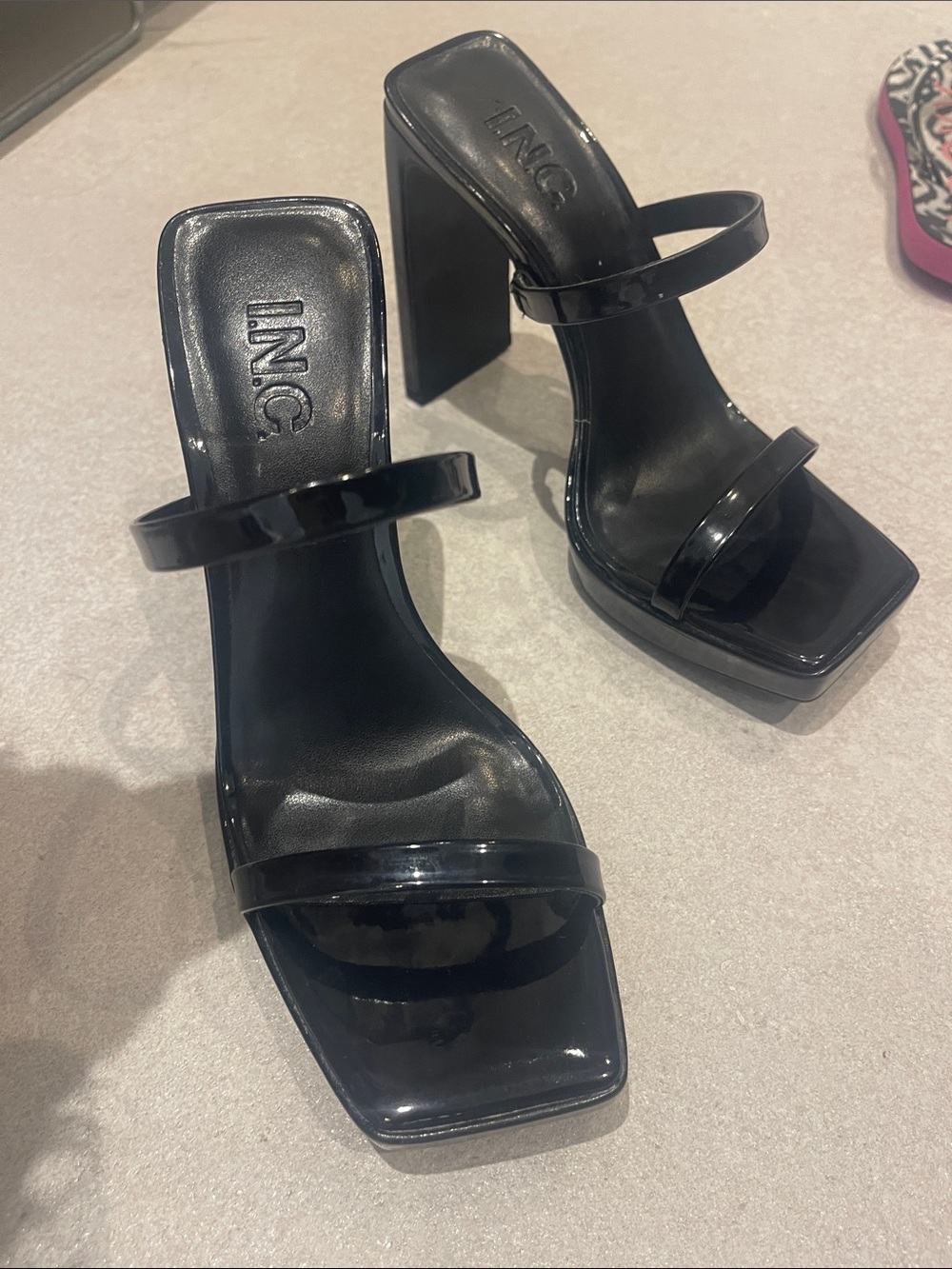 INC International Concepts Black Patent Double-Strap Block Heel Sandals